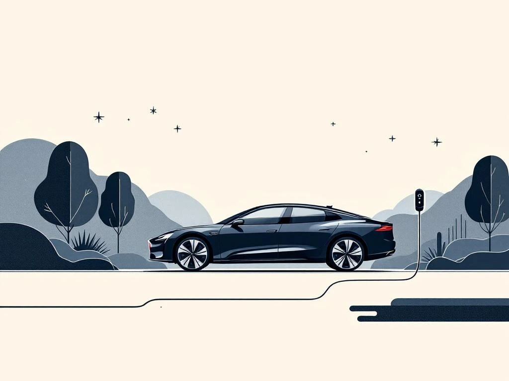 Zwarte PHEV auto met rode oplaadkabel en tijdsymbool op donkergrijze achtergrond, minimalistisch hybride technologie ontwerp