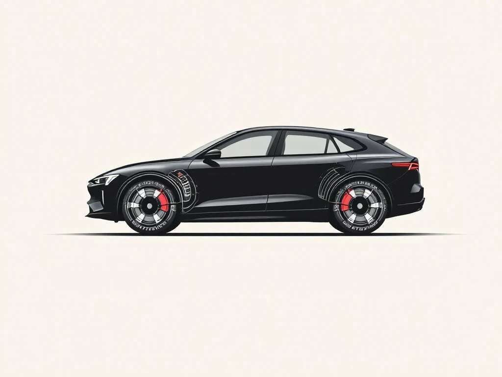 Zwarte PHEV auto silhouet met rode remcomponenten en zichtbare bandenprofiel details op witte achtergrond