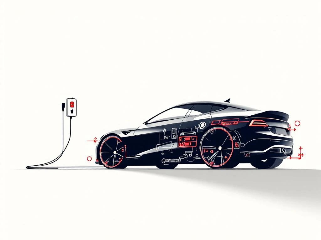 Zwarte PHEV auto silhouet met rode elektrische accenten, batterij en laadpoort details op witte achtergrond