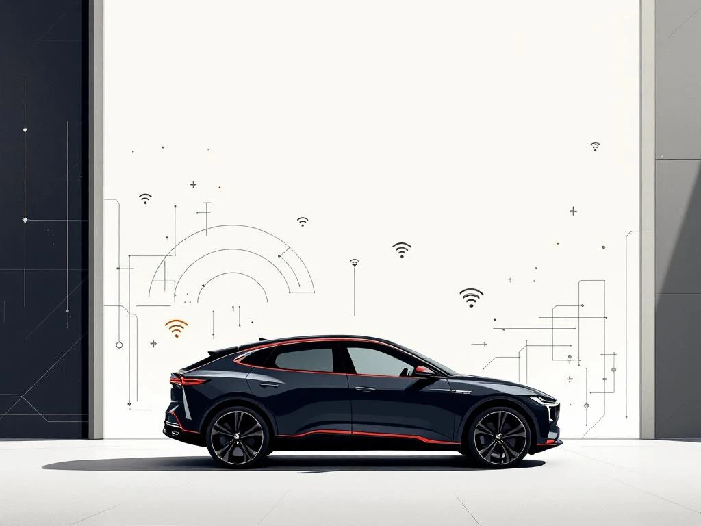 Zwarte PHEV auto silhouet met rode accenten en draadloze update symbolen op witte achtergrond