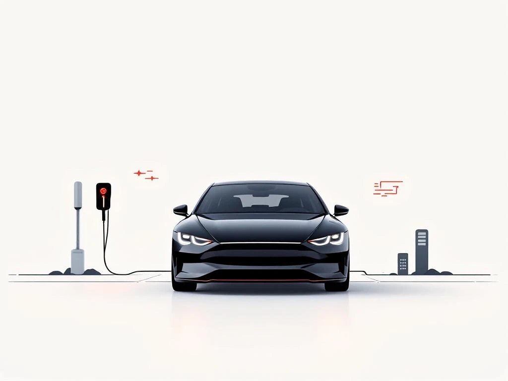 Zwarte PHEV auto-silhouet met rode oplaadpoort accenten en waardebeoordeling symbolen op witte achtergrond