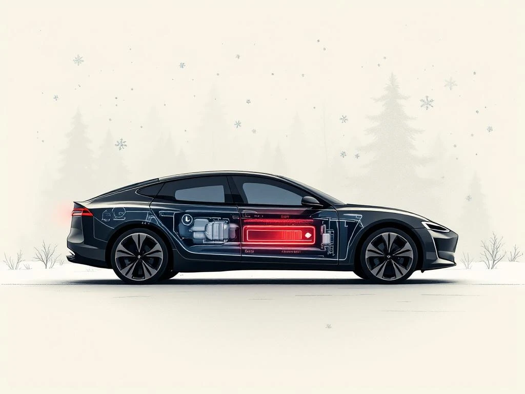 Zwarte PHEV-auto silhouet met rode batterij-onderdelen tegen winterse achtergrond met sneeuwvlokken en hybride symbolen