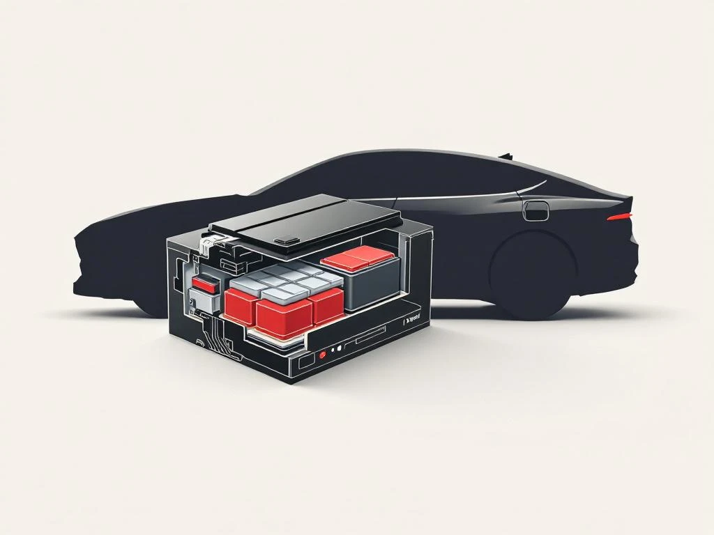 PHEV batterijpak doorsnede met interne cellen en diagnostische symbolen, auto silhouet op achtergrond