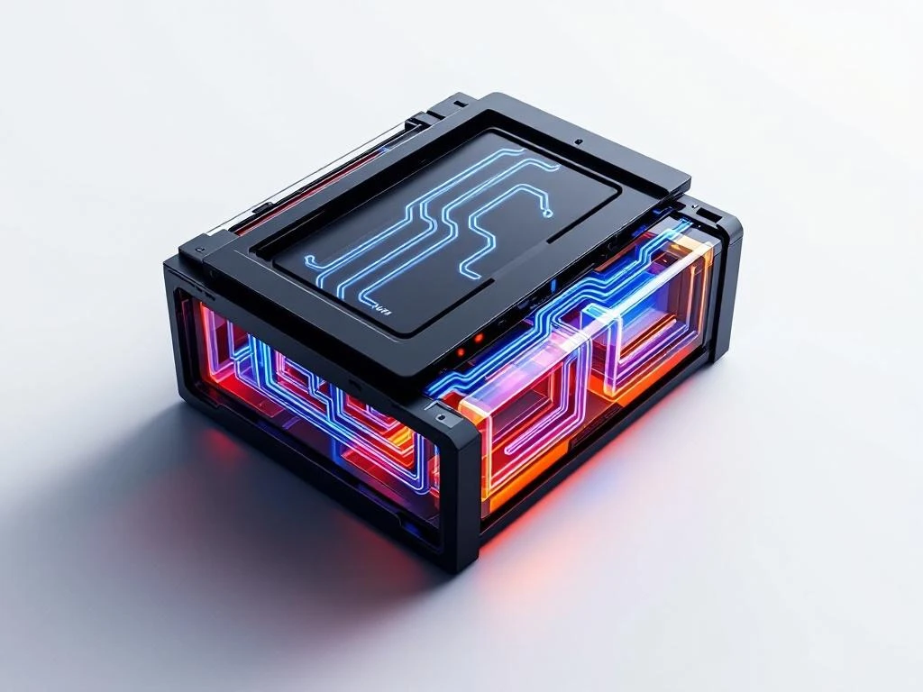 PHEV-batterijpak doorsnede met blauw koelsysteem, temperatuurgradiënt en Honda-geïnspireerd minimalistisch ontwerp