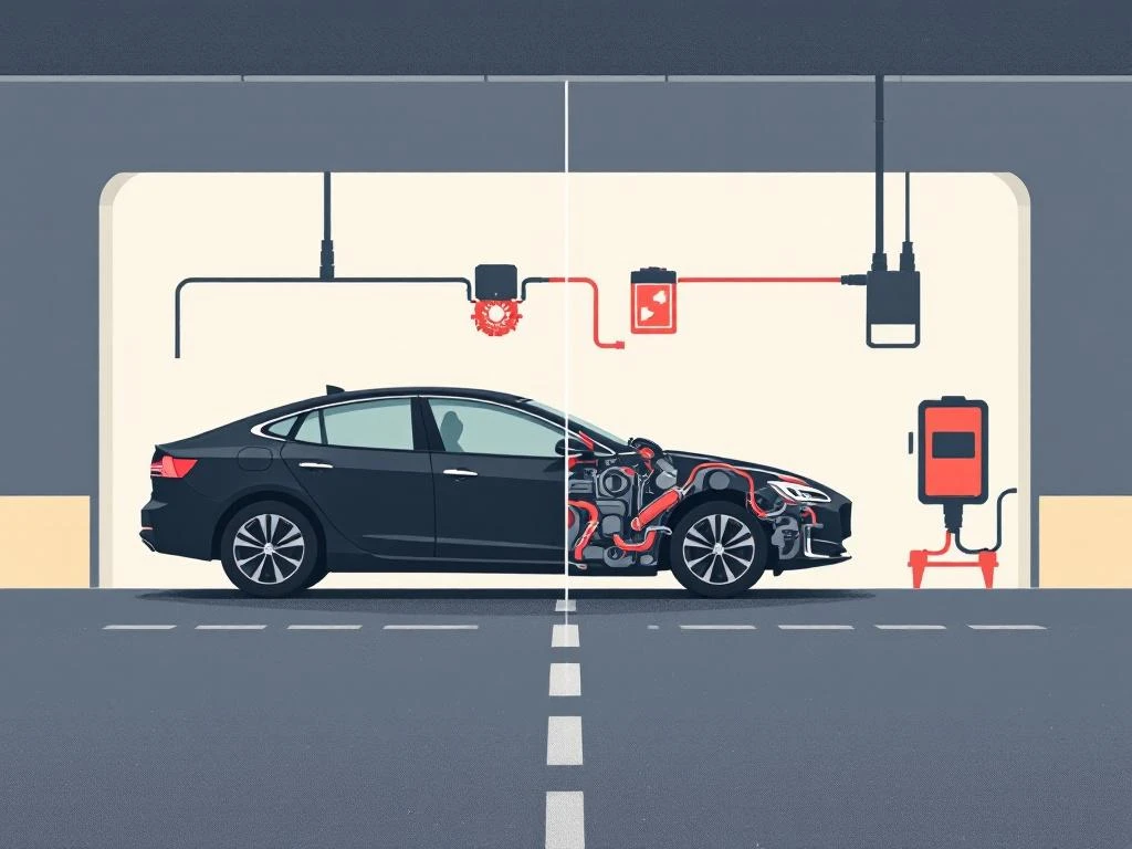 Vergelijking PHEV en benzineauto silhouetten met motor- en batterijsymbolen voor onderhoudsfrequentie artikel