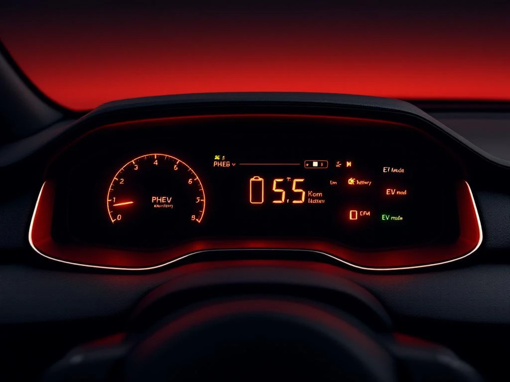Auto dashboard met PHEV waarschuwingslampjes en batterij-indicatoren in amber en groen op donkere achtergrond