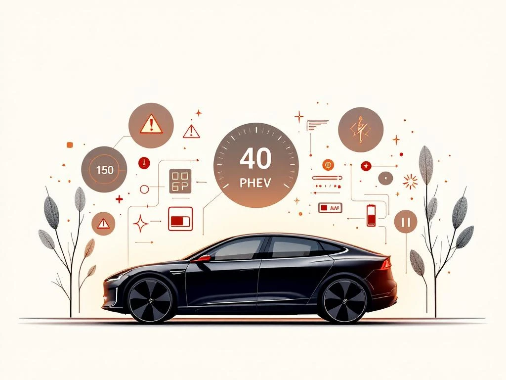PHEV-dashboard met verlichte waarschuwingslampjes en hybride voertuigsilhouet met batterij-indicatoren en systeemwaarschuwingen