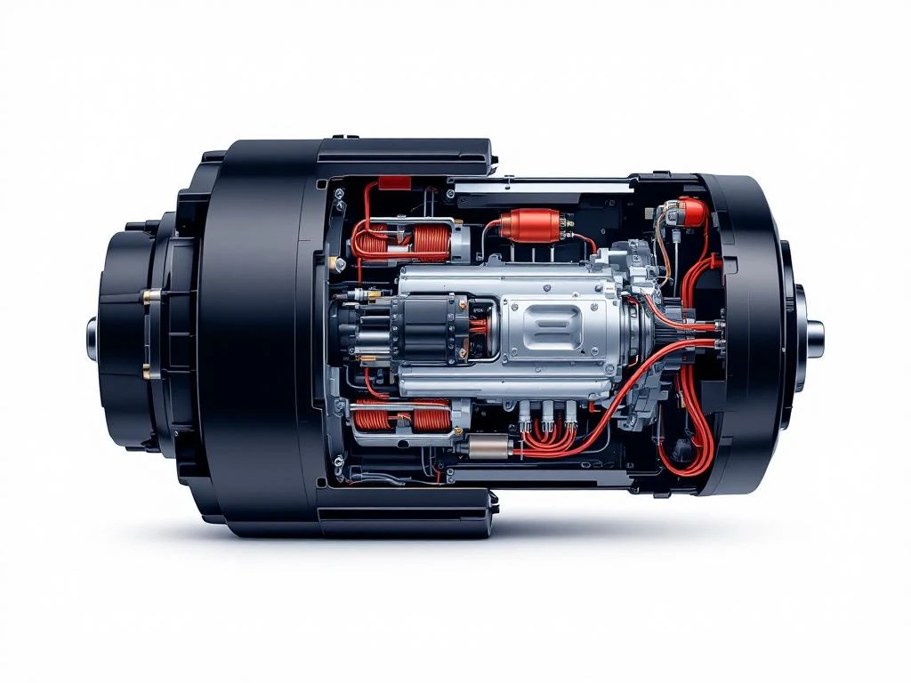 Dwarsdoorsnede van elektrische PHEV-motor met koperen wikkelingen, rotor en elektrische verbindingen op witte achtergrond
