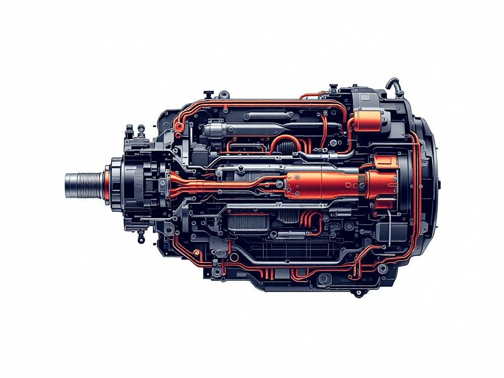 PHEV elektromotor doorsnede met koperen wikkelingen, koelkanalen en elektrische aansluitingen in minimalistische stijl