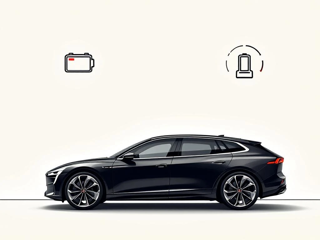 Zwart PHEV-voertuig silhouet met rode accenten naast batterij- en brandstofsymbolen op witte achtergrond