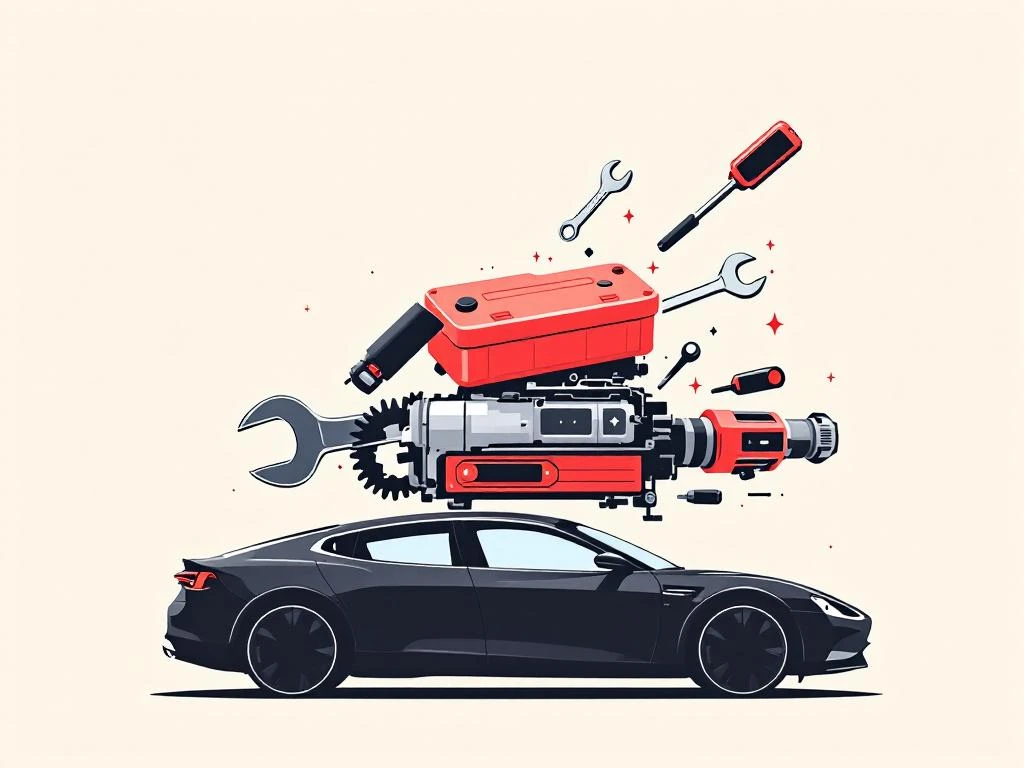 Zwarte PHEV auto in profiel met open motorkap die motor en batterijsysteem toont, omringd door zwevend gereedschap