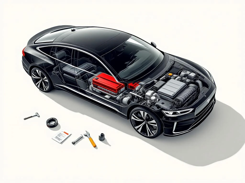 PHEV-auto in doorsnede met hybride motor en batterij, naast onderhoudsgereedschap en servicedocumentatie-iconen