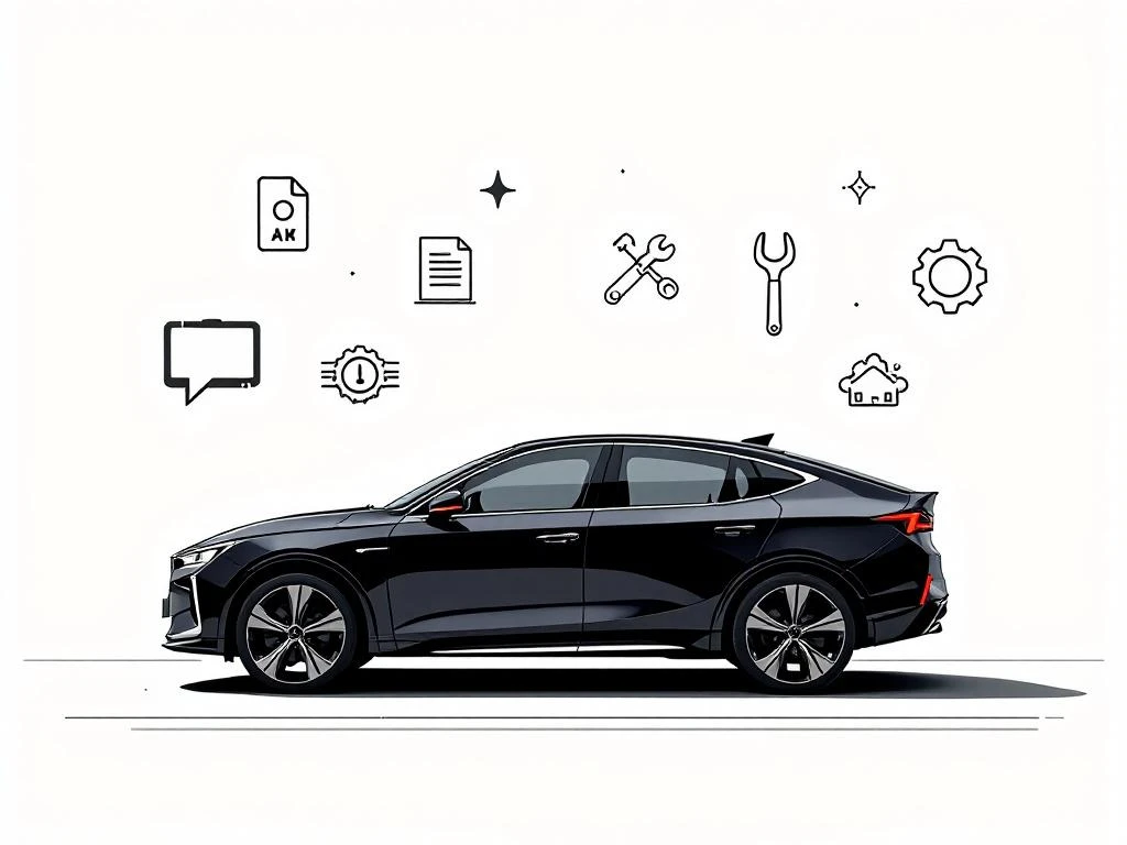 Zwarte PHEV hybride auto silhouet met rode accenten naast onderhoudsgereedschap en garantiedocument symbolen