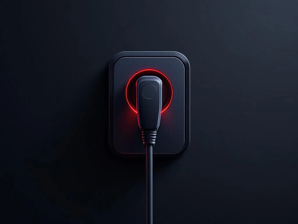 PHEV oplaadconnector in semi-realistische stijl met zwarte kabel en rode accenten op donkergrijze achtergrond