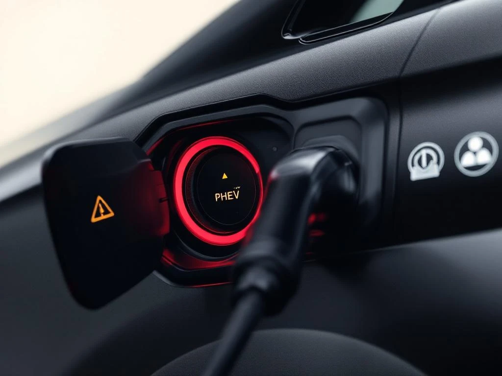 PHEV-laadpoort close-up met waarschuwingsindicatoren en diagnostische symbolen op zwart voertuigoppervlak