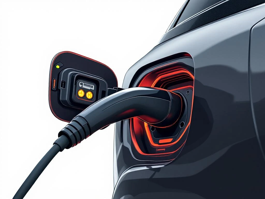 PHEV-laadpoort close-up met connector in semi-realistische stijl voor VD Akker artikel over elektrisch rijden