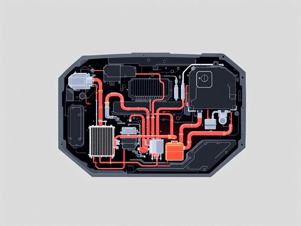 PHEV-motor doorsnede met koelsysteem, radiator en batterijkoellijnen in technische illustratiestijl op zwarte achtergrond