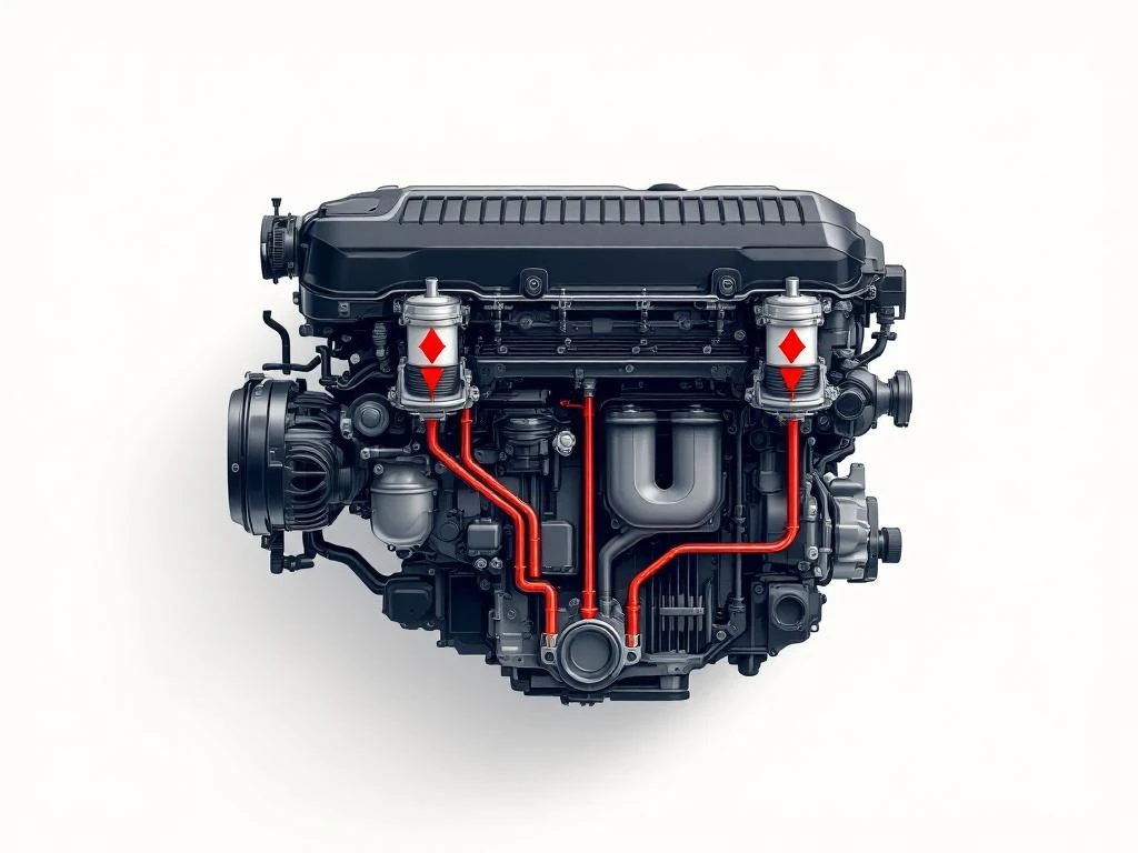 PHEV-motor doorsnede met oliecirculatiesysteem, oliepeiler en motoronderdelen in minimalistische illustratiestijl