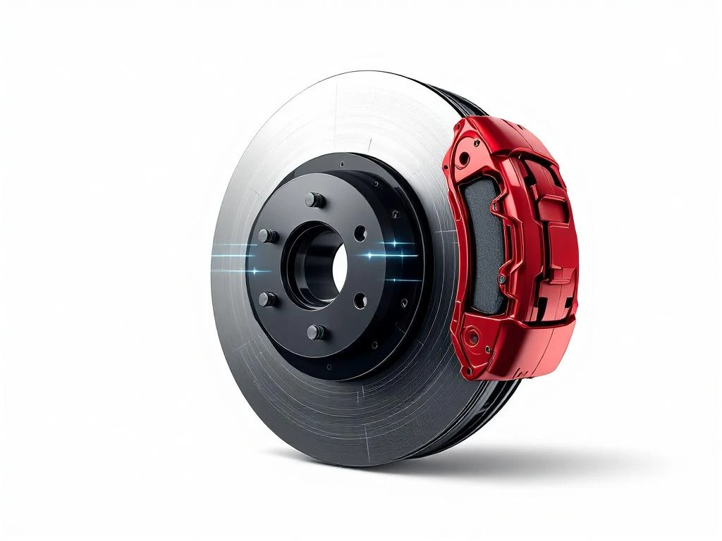 PHEV remschijf en remblok in doorsnede met regeneratief remsysteem, zwarte componenten met rode remklauw accenten
