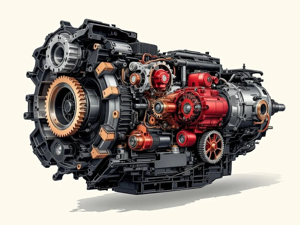 PHEV-transmissie doorsnede toont elektromotor geïntegreerd met traditionele tandwielen in zwart-rood design