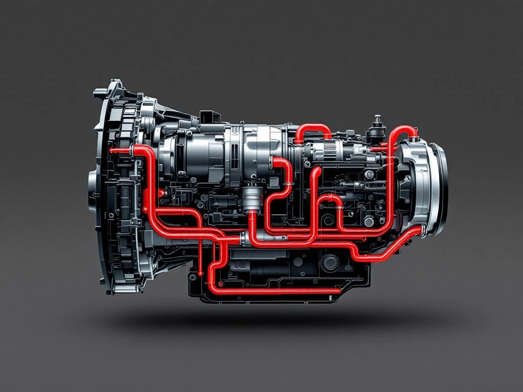 PHEV transmissie doorsnede met rode vloeistofkanalen en hybride componenten op zwarte achtergrond