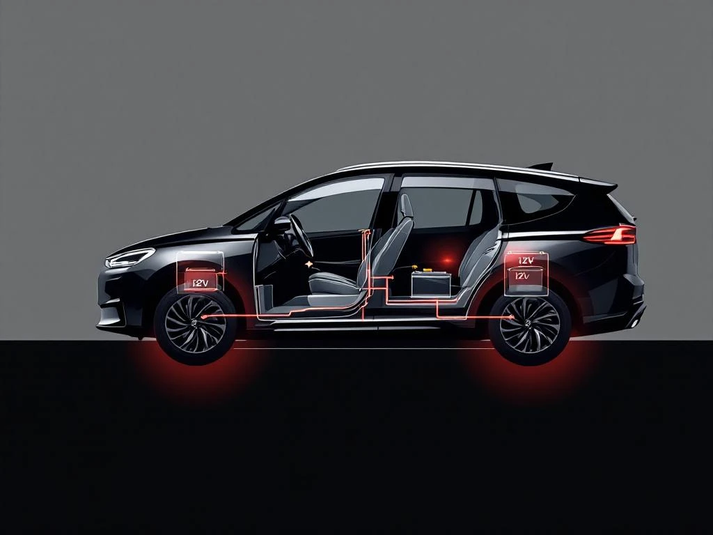 PHEV-voertuig doorsnede toont grote tractie-accu onder vloer en 12V-accu in motorruimte verbonden door elektrische lijnen