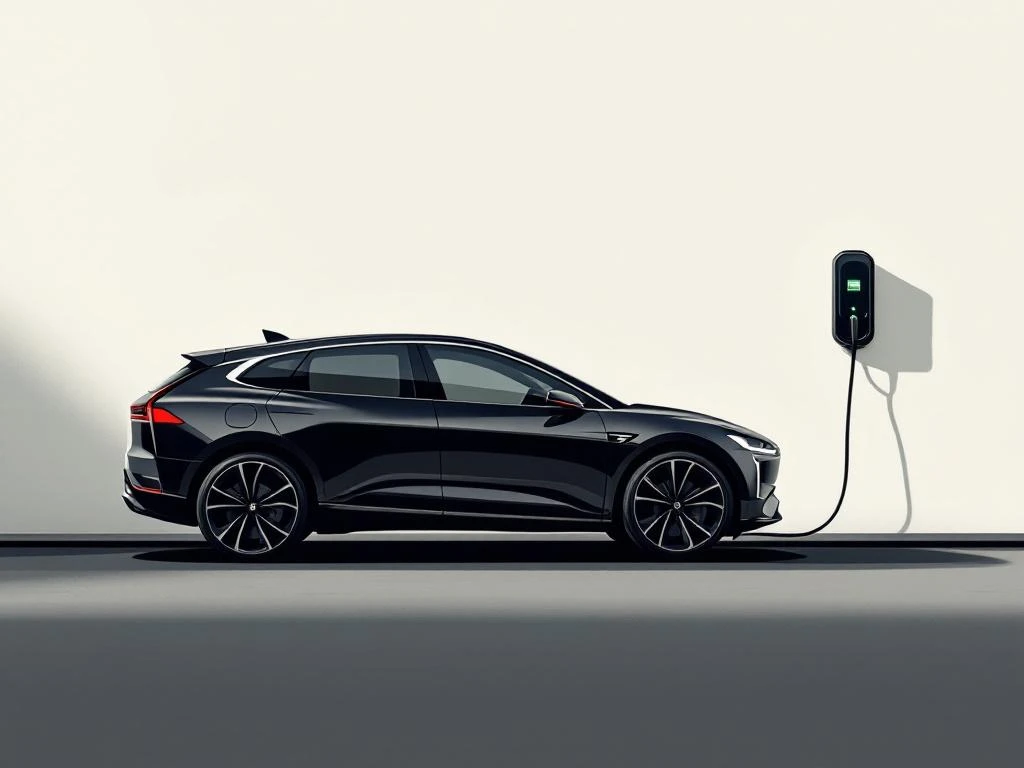 Zwarte PHEV auto-silhouetten met rode elektrische accenten en oplaadpoort op crème achtergrond, hybride voertuig iconen