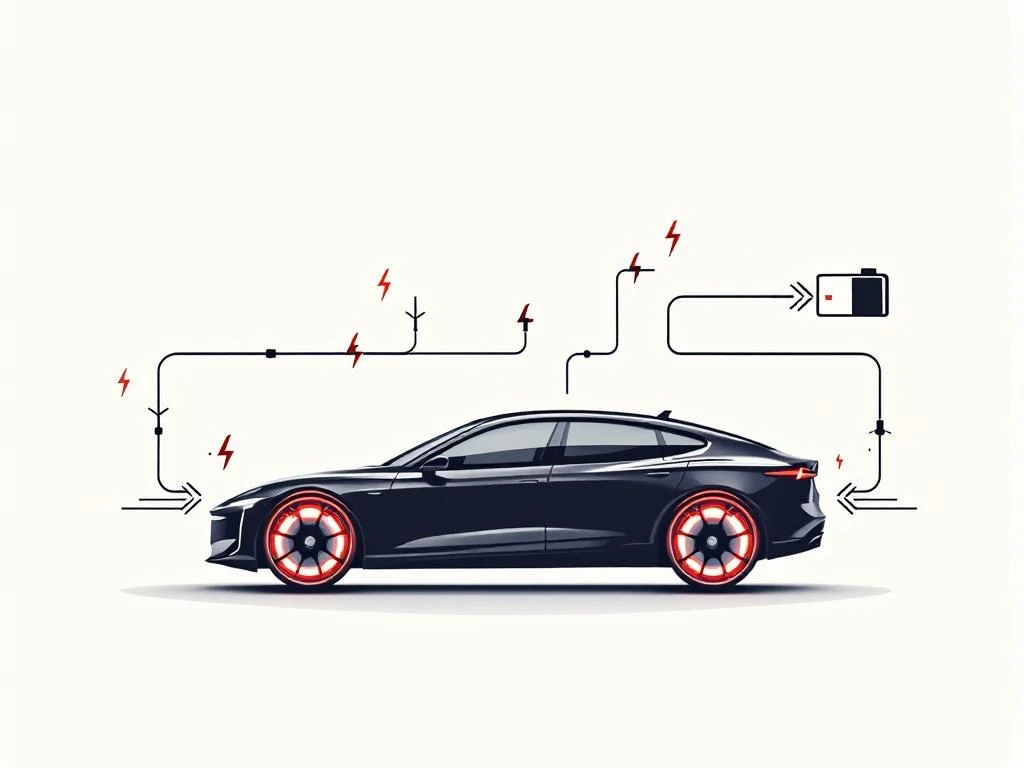 PHEV-voertuig silhouet met gloeiende remschijven en energiestroom die regeneratief remsysteem toont