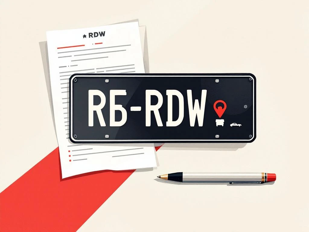 Nederlandse kentekenplaat met RDW-documenten en pen voor voertuigregistratie, professionele administratieve illustratie