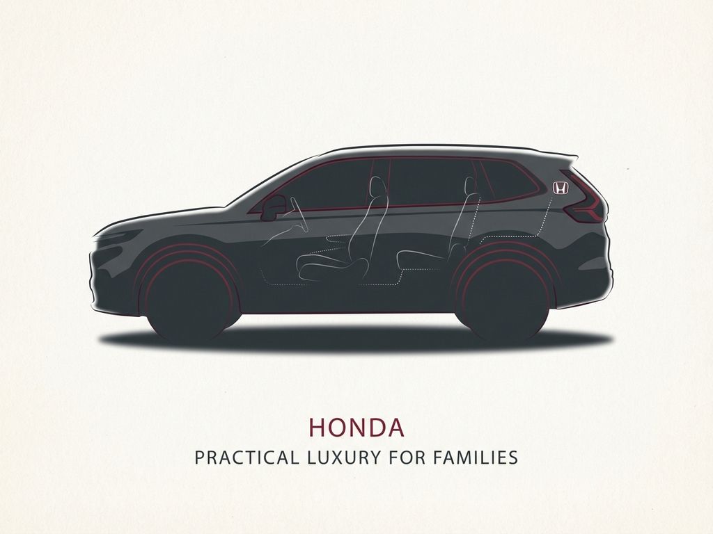 Honda 7-zits familievoertuig silhouet in profiel met rode accenten op witte achtergrond, benadrukt ruime interieur