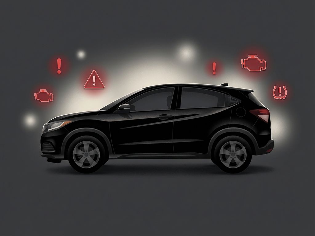 Honda auto silhouet met rode waarschuwingssymbolen voor voertuiginspectie en onderhoudspunten