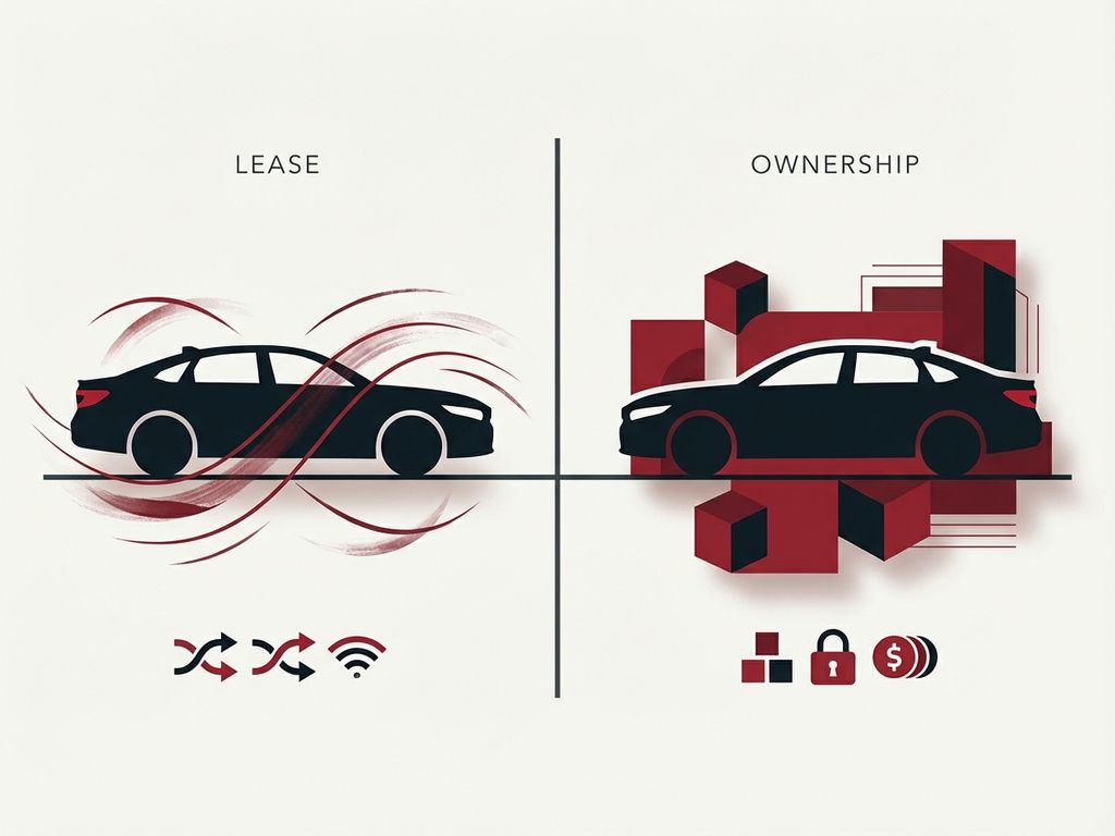 Honda sedan silhouet in zwart en rood toont lease versus eigendom keuze met gebogen en geometrische vormen op witte achtergrond
