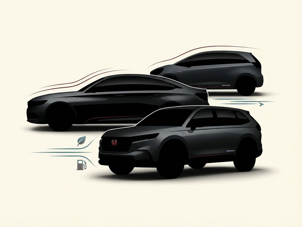 Honda voertuigsilhouetten met hybride badges en aerodynamische lijnen die brandstofefficiëntie benadrukken op crème achtergrond