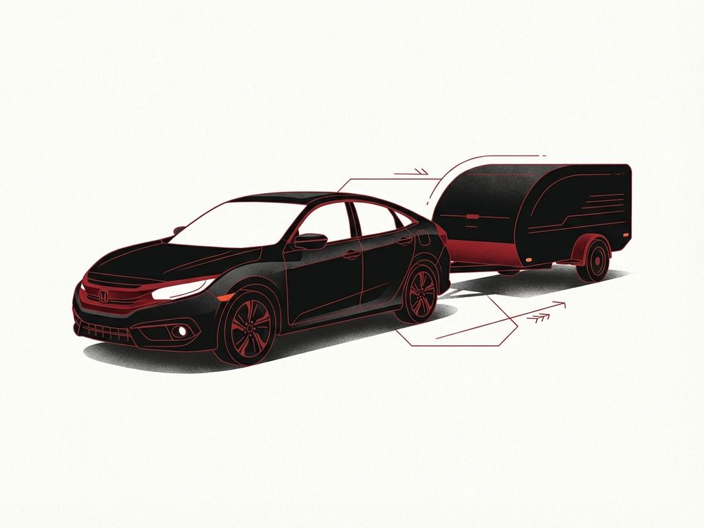 Zwarte Honda Civic sedan met rode accenten trekt trailer, diagonaal gepositioneerd op lichtgrijze achtergrond