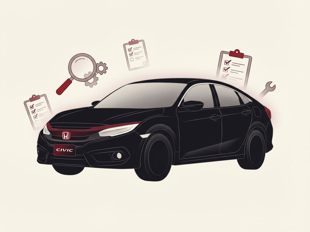 Honda Civic sedan in profiel met inspectie-elementen zoals vergrootglas en checklist symbolen voor occasion artikel