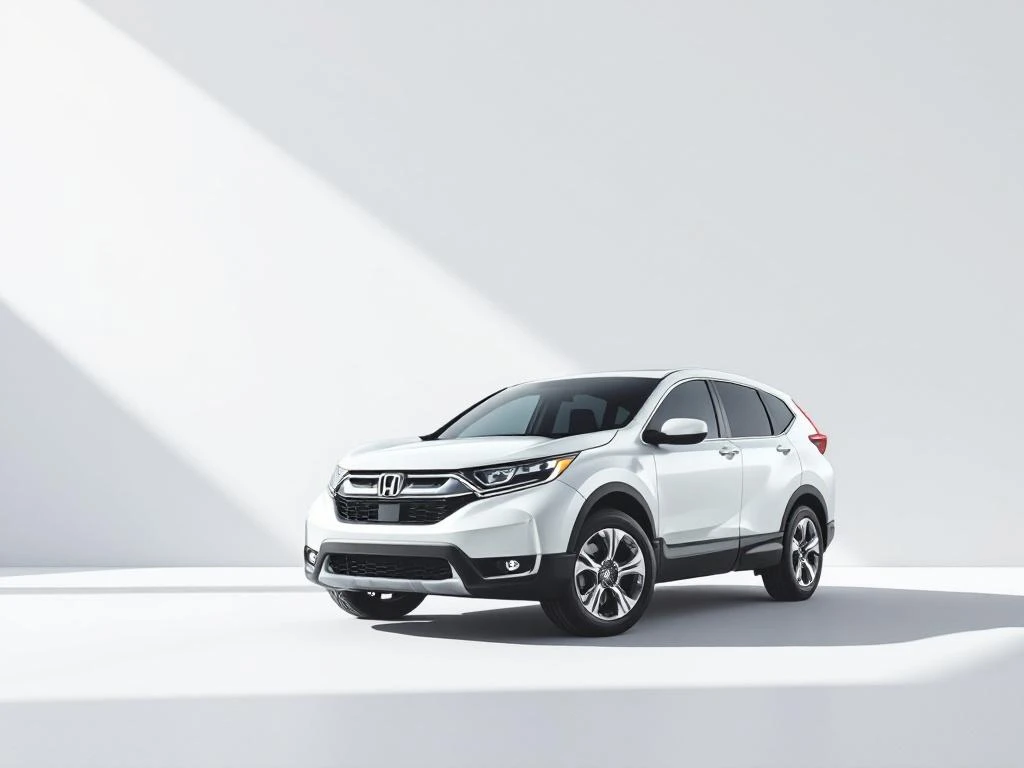 2025 Honda CR-V SUV in parelwit, driekwart vooraanzicht op witte achtergrond met LED-koplampen en moderne lijnen