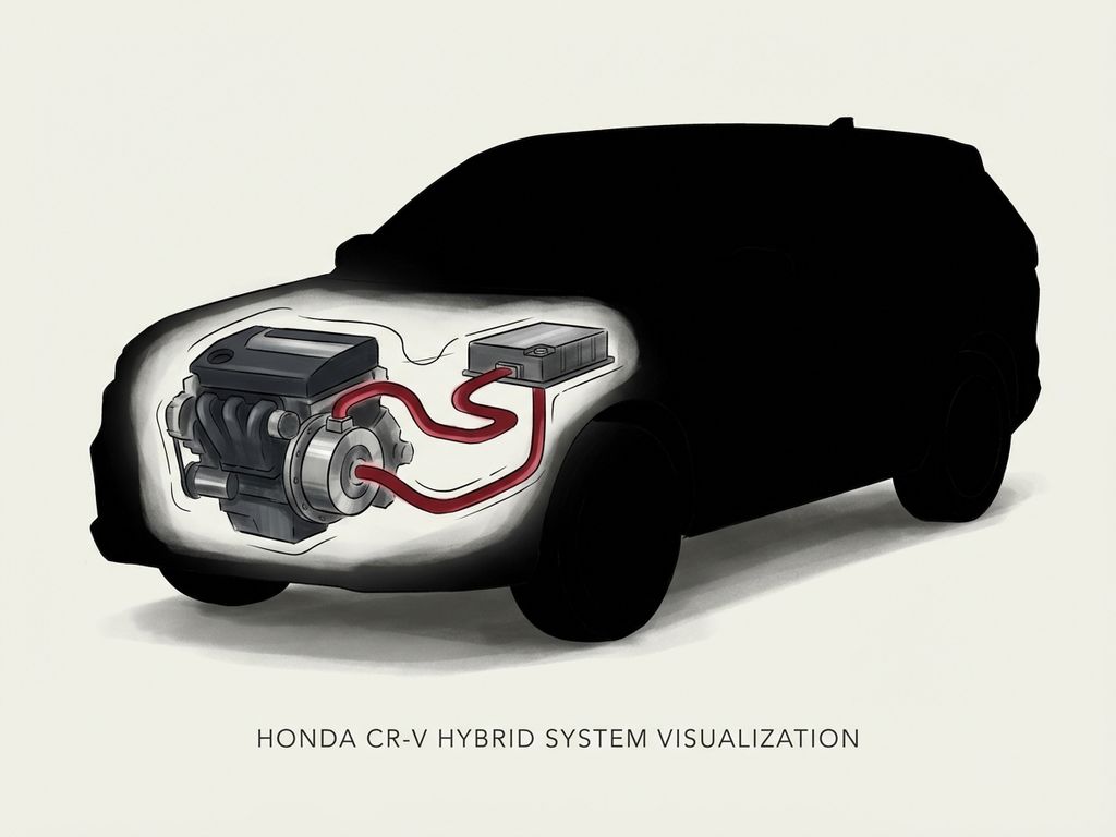 Honda CR-V hybride doorsnede illustratie met elektromotor, batterij en energiestromen in minimalistische stijl
