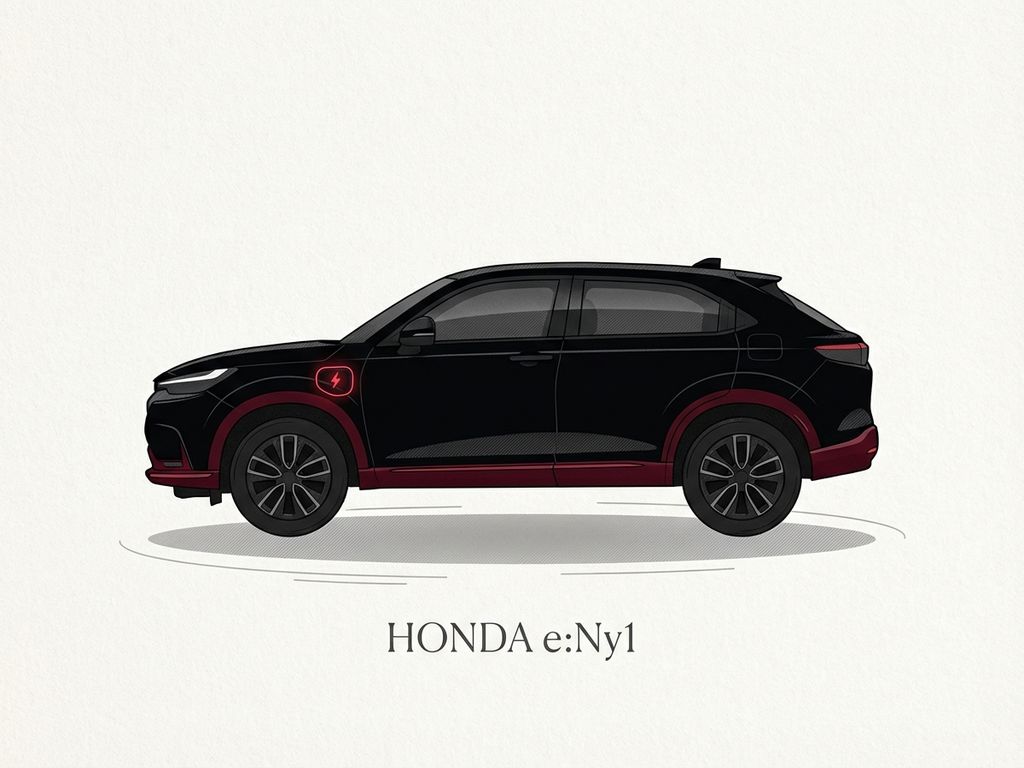 Honda e Ny1 elektrische auto in profiel, zwart met rode accenten, minimalistische stijl op lichte achtergrond