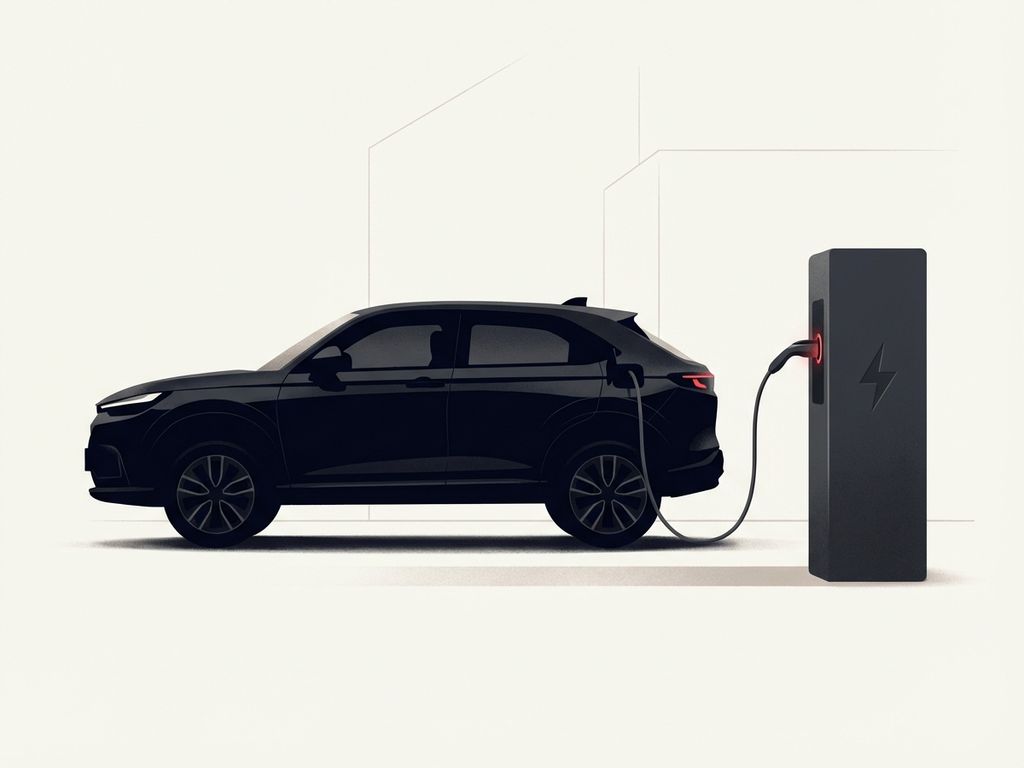 Honda e Ny1 elektrische auto in profiel aangesloten op minimalistische laadpaal met rode accenten op witte achtergrond