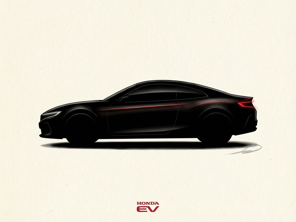 Honda elektrische auto silhouet in zwart met rode accenten op crème achtergrond, moderne minimalistische stijl