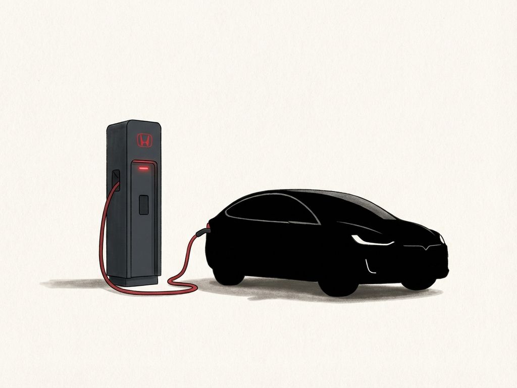 Honda elektrische auto silhouet naast thuislaadstation met rode accenten op donkere achtergrond