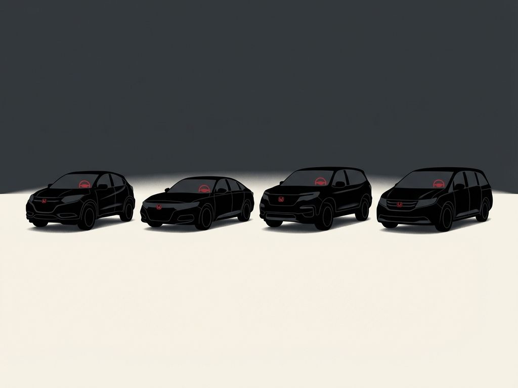 Honda familie voertuigen silhouetten in zwart met rode accenten, SUV en sedan modellen in minimalistische stijl