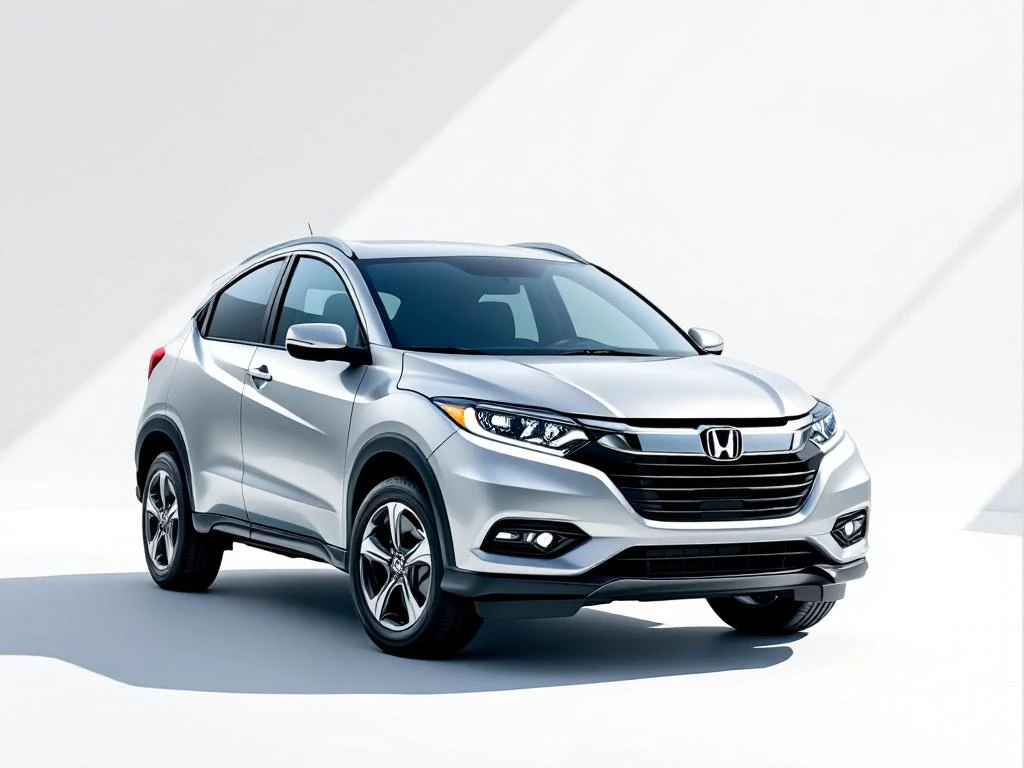 2025 Honda HR-V SUV in metallic zilver met LED-koplampen, driekwart vooraanzicht op witte achtergrond