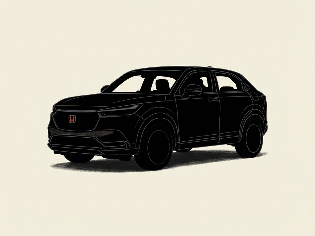 Honda HR-V crossover SUV in zwart met rood logo, zijaanzicht op crème achtergrond, minimalistisch design