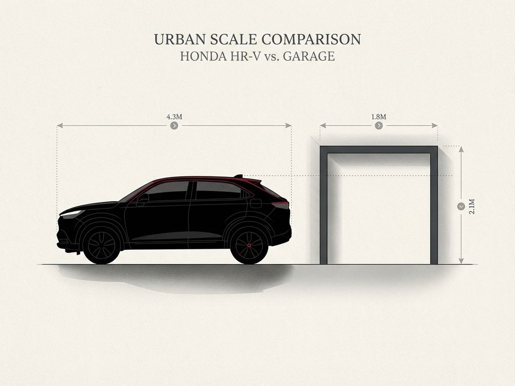 Honda HR-V silhouet naast garage opening met afmetingsindicatoren, zwart met rode accenten op witte achtergrond