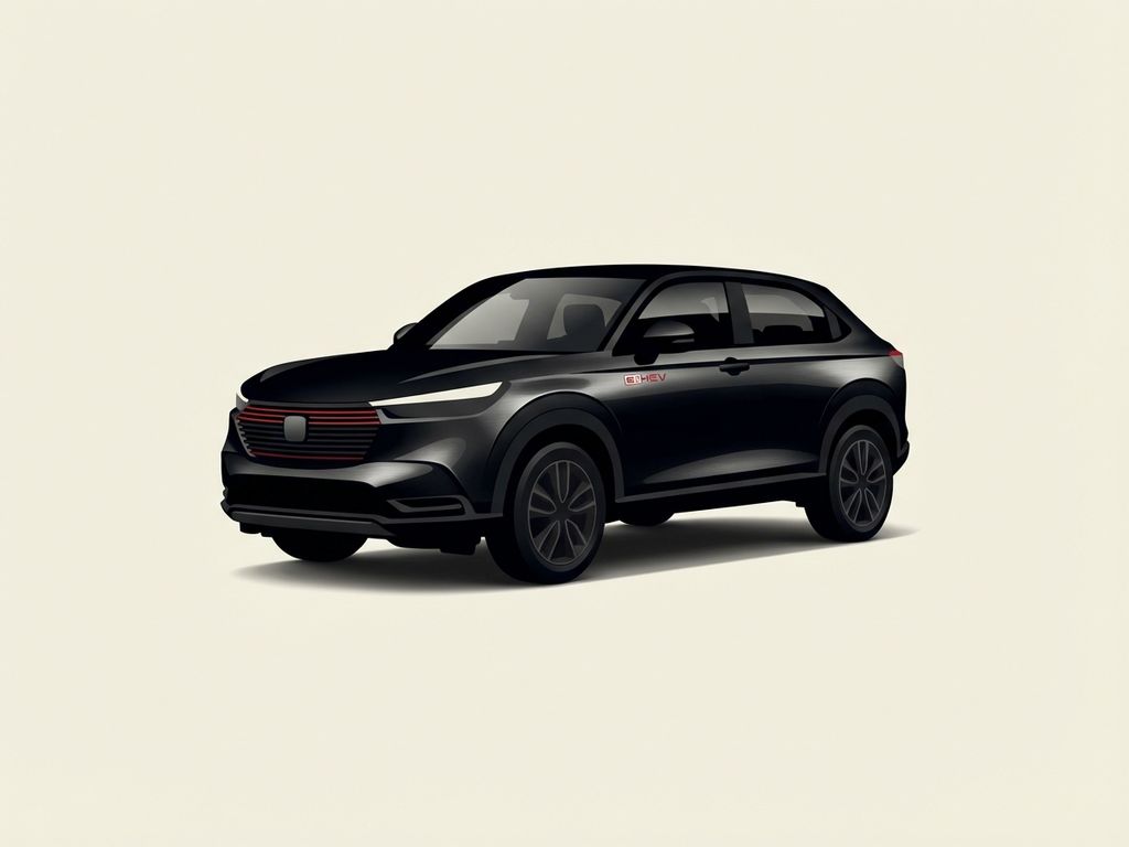 Honda HR-V hybride crossover in zwart met rode accenten, zijaanzicht op crème achtergrond, minimalistisch design