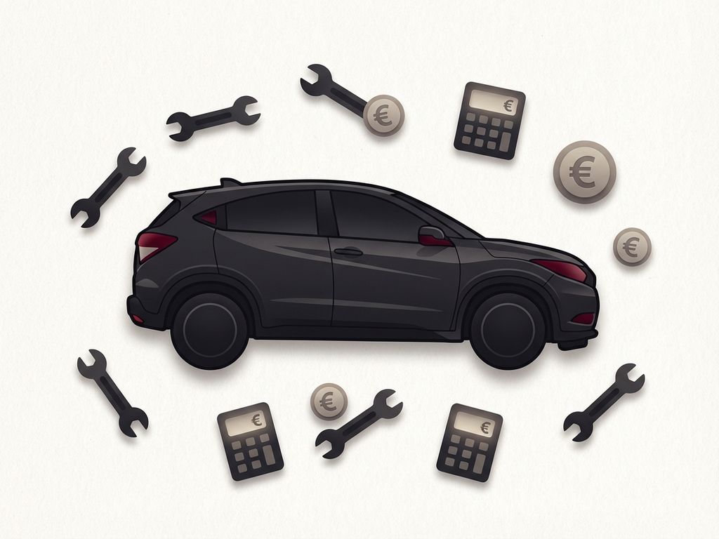 Honda HR-V silhouet omringd door onderhoudskosten symbolen zoals rekenmachine, gereedschap en euro tekens