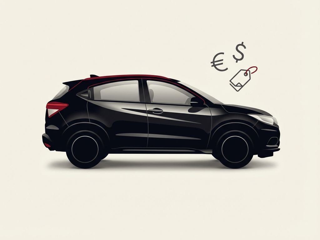 Honda HR-V silhouet in zwart met rode accenten en prijslabel iconen op crème achtergrond, minimalistisch design