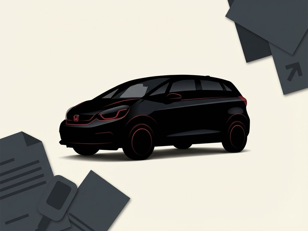 Honda Jazz auto silhouet in zwart met rode accenten op crème achtergrond met grijze geometrische vormen