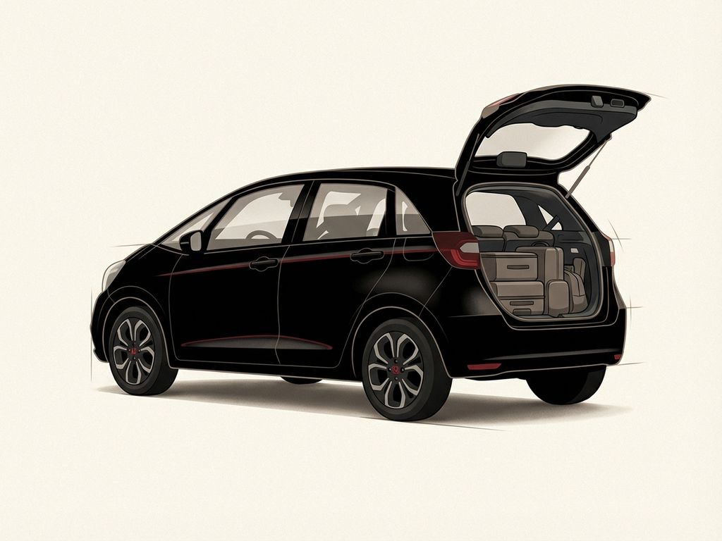 Honda Jazz hatchback in driekwart profiel met open achterklep toont ruime bagageruimte, zwarte carrosserie met rode accenten